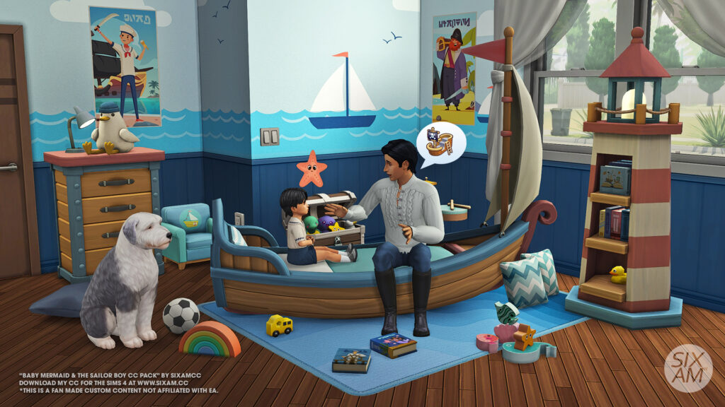 Sims 4 CC nautical toddler bedroom made with Maxis Match Sims 4 custom content from SixamCC’s Baby Mermaid and The Sailor Boy CC Pack. Features a boat-shaped toddler bed, lighthouse bookshelf, plush dog, and ocean-themed toys. Available as Sims 4 free CC and on Sims 4 CC Patreon