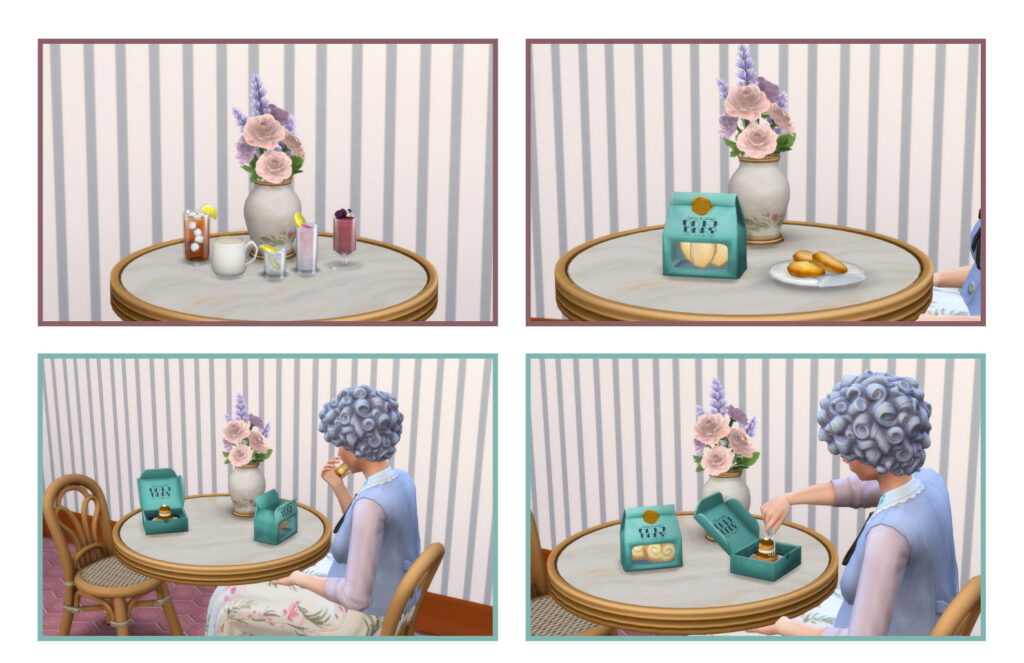 Cover image of the Parisian Sweet Corner Mod Pack for The Sims 4, featuring Maxis Match Sims 4 CC by SixamCC and Littlbowbub. Includes custom content for outdoor cafés with French bistro tables, dessert carts, and Sims enjoying pastries. Download this Sims 4 free CC or support on Sims 4 CC Patreon. Sims 4 Mod. Sims 4 functional cafe shop.