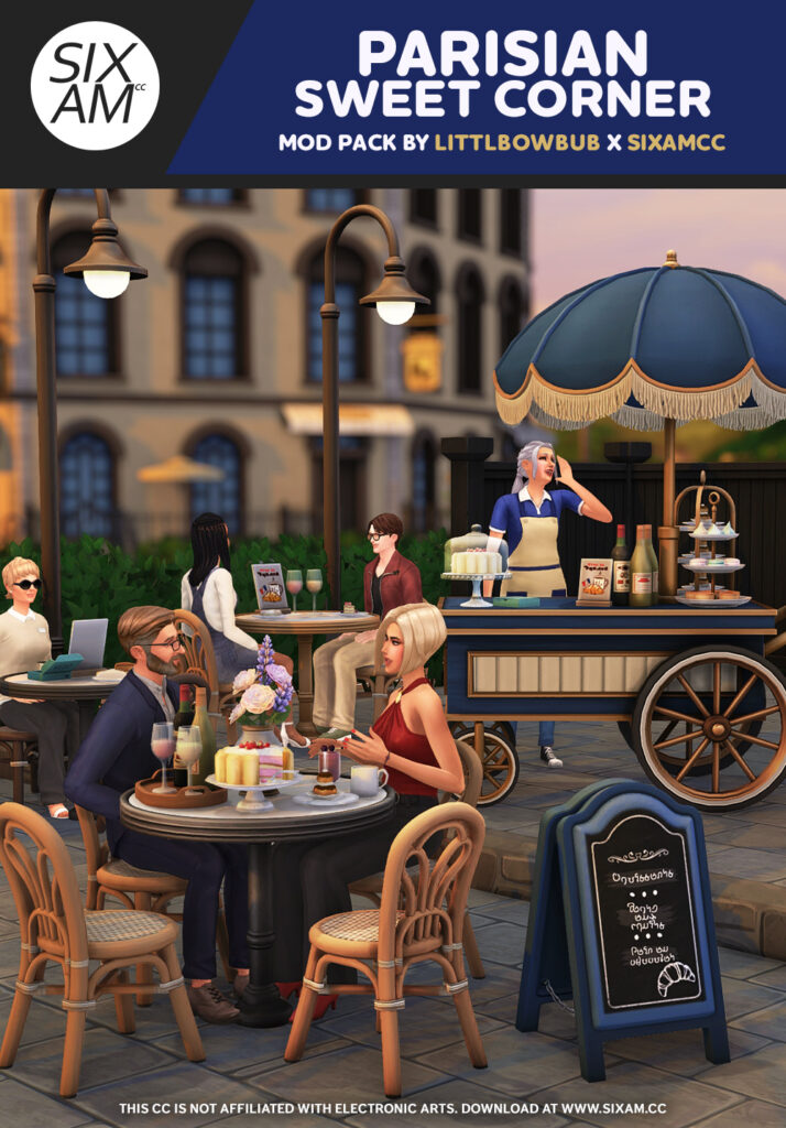 Cover image of the Parisian Sweet Corner Mod Pack for The Sims 4, featuring Maxis Match Sims 4 CC by SixamCC and Littlbowbub. Includes custom content for outdoor cafés with French bistro tables, dessert carts, and Sims enjoying pastries. Download this Sims 4 free CC or support on Sims 4 CC Patreon. Sims 4 Mod. Sims 4 functional cafe shop.