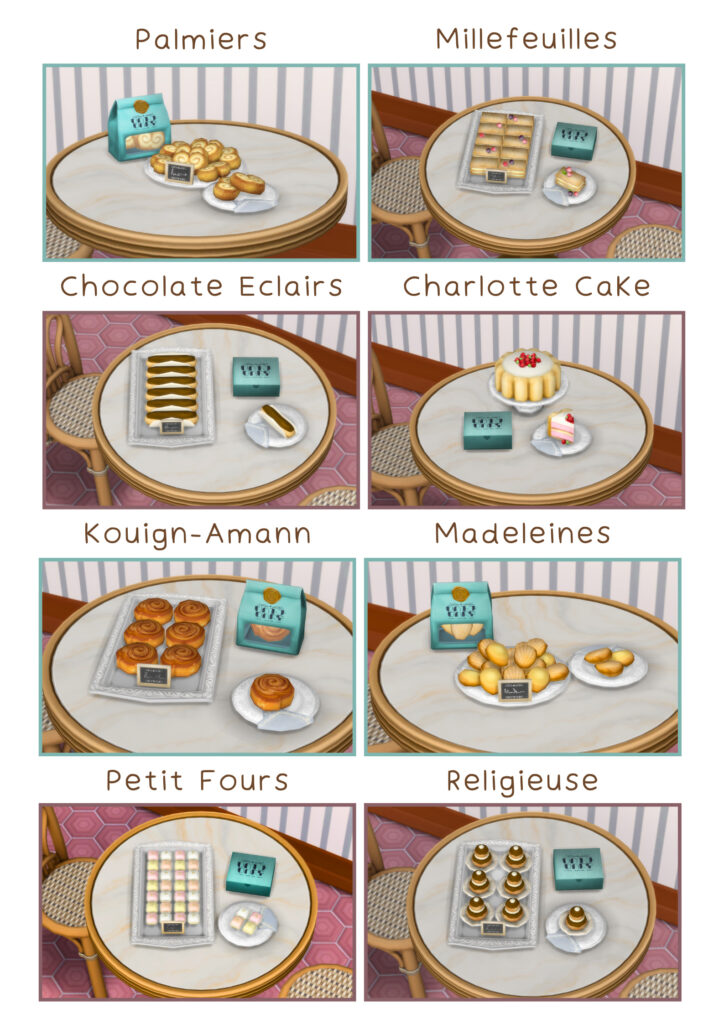 Cover image of the Parisian Sweet Corner Mod Pack for The Sims 4, featuring Maxis Match Sims 4 CC by SixamCC and Littlbowbub. Includes custom content for outdoor cafés with French bistro tables, dessert carts, and Sims enjoying pastries. Download this Sims 4 free CC or support on Sims 4 CC Patreon. Sims 4 Mod. Sims 4 functional cafe shop.