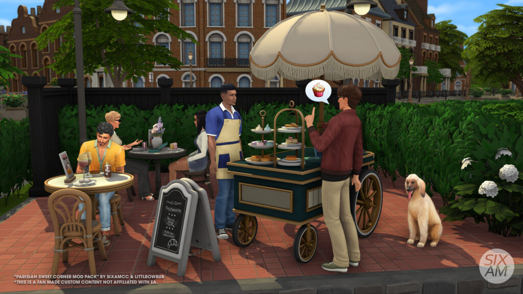 Cover image of the Parisian Sweet Corner Mod Pack for The Sims 4, featuring Maxis Match Sims 4 CC by SixamCC and Littlbowbub. Includes custom content for outdoor cafés with French bistro tables, dessert carts, and Sims enjoying pastries. Download this Sims 4 free CC or support on Sims 4 CC Patreon. Sims 4 Mod. Sims 4 functional cafe shop.