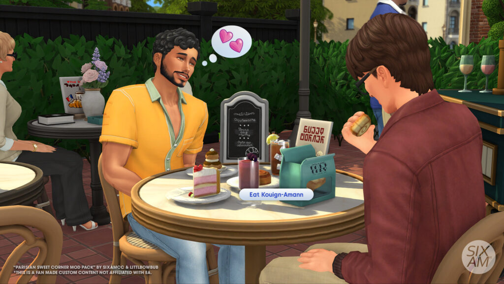 Sims 4 CC Parisian café date made with Maxis Match Sims 4 custom content from SixamCC’s Parisian Sweet Corner CC Pack. Features café tables, desserts, coffee, and romantic bistro vibes. Get this Sims 4 free CC or support on Sims 4 CC Patreon.