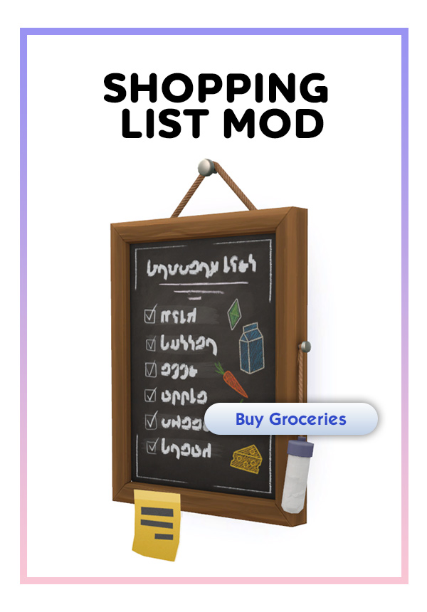 Sims 4 mod shopping list board with Maxis Match Sims 4 custom content by SixamCC, featuring a chalkboard with grocery icons, kitchen clutter, lemons, olive oil, and blender. Part of a Sims 4 free CC mini mod available on Sims 4 CC Patreon.