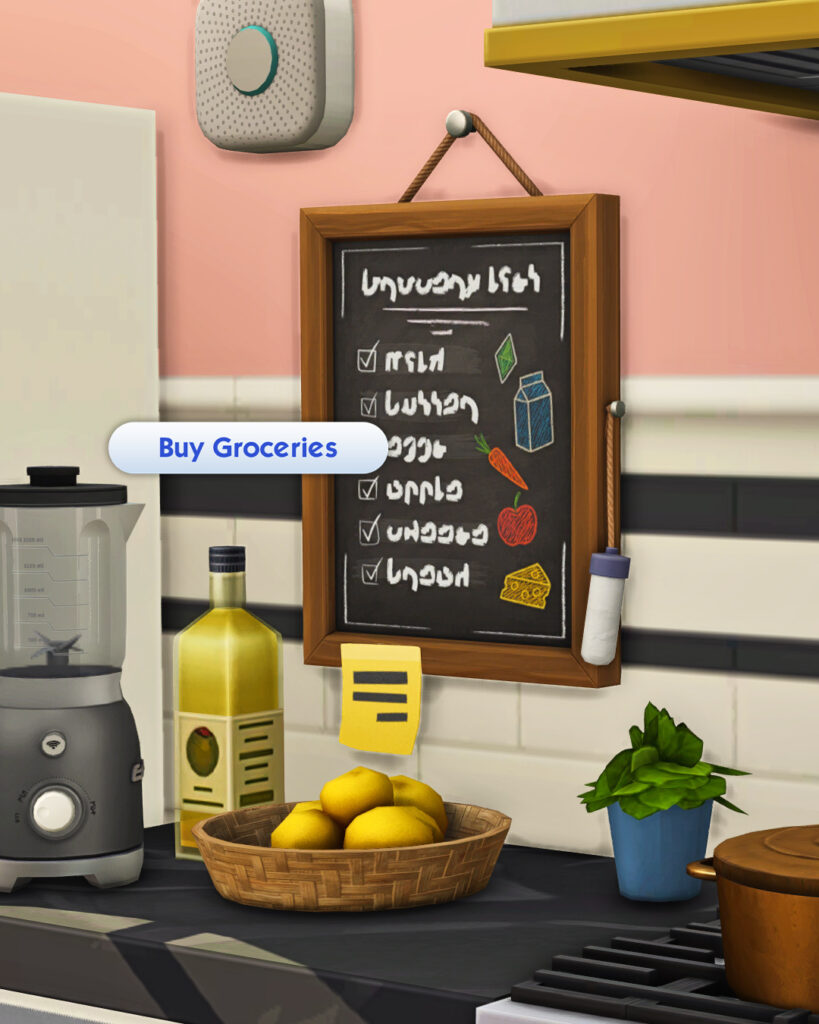 Sims 4 mod shopping list board with Maxis Match Sims 4 custom content by SixamCC, featuring a chalkboard with grocery icons, kitchen clutter, lemons, olive oil, and blender. Part of a Sims 4 free CC mini mod available on Sims 4 CC Patreon.