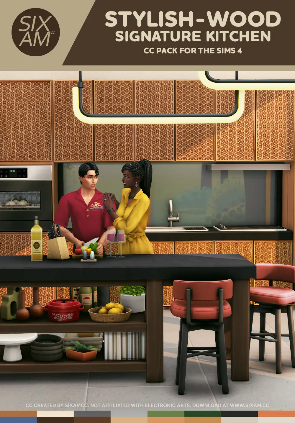 Stylish Wood Signature Kitchen Sims 4 CC Pack for The Sims 4 by SixamCC, featuring modern lattice-weave cabinets, hidden fridge, and 16 wood swatches.
