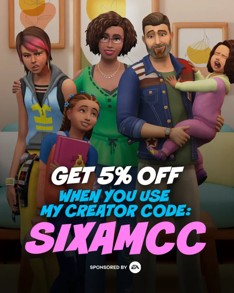 Creator code SIXAMCC promotion offering 5% off for The Sims 4
