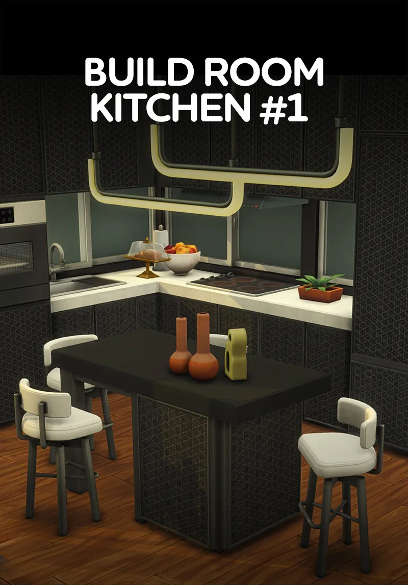 Stylish Wood Signature Kitchen CC Pack room build with modern island and dark cabinets. SixamCC