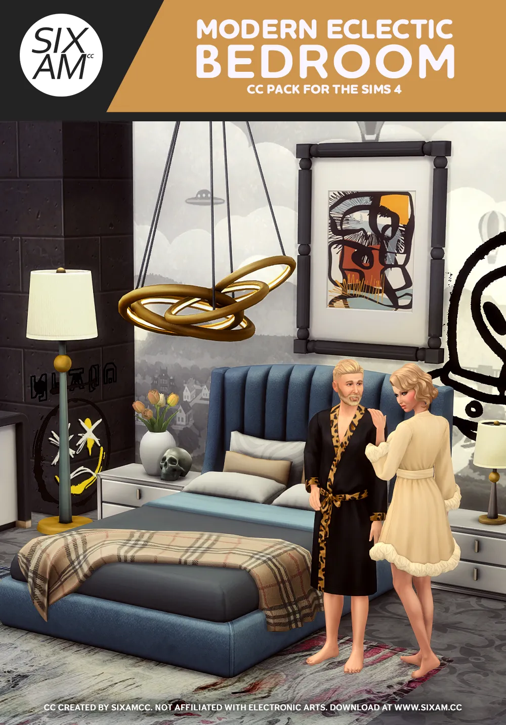Modern Eclectic Bedroom Sims 4 CC Pack featuring upholstered bed, metallic nightstands, and bold wall art.