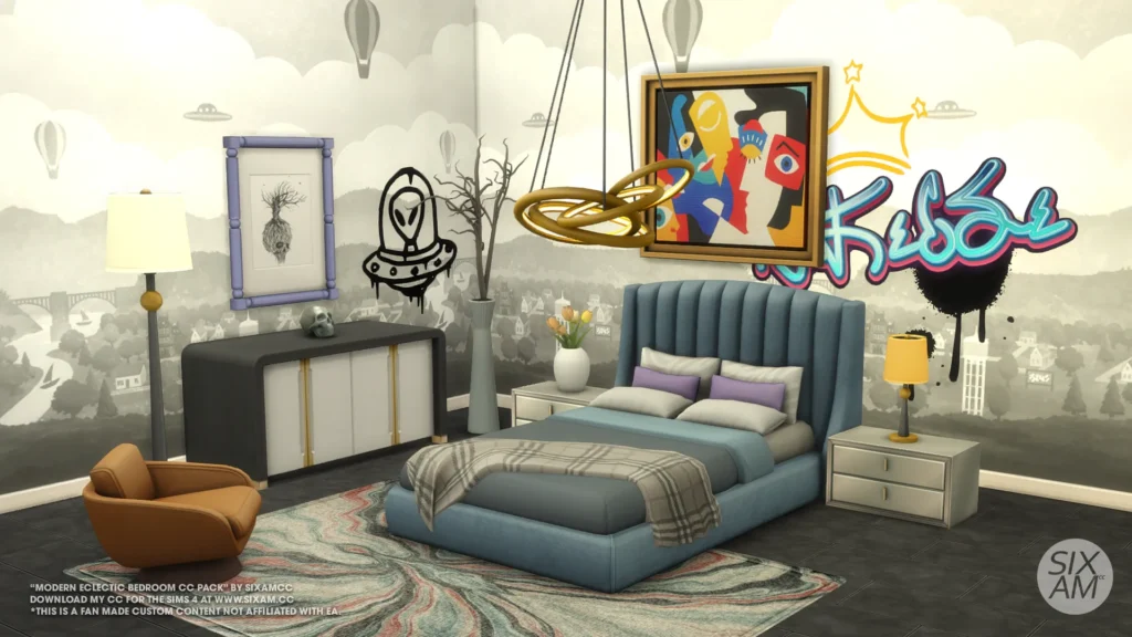 Modern Eclectic Bedroom Sims 4 CC Pack featuring upholstered bed, metallic nightstands, and bold wall art.