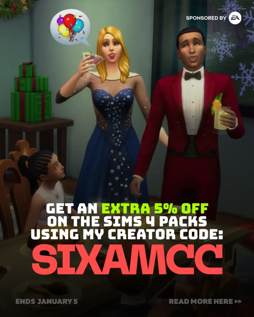 Promo image showing Sims characters during a sale event with text about a Sims 4 discount using creator code SIXAMCC.