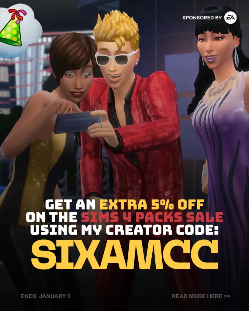 Promo image showing Sims characters during a sale event with text about a Sims 4 discount using creator code SIXAMCC.