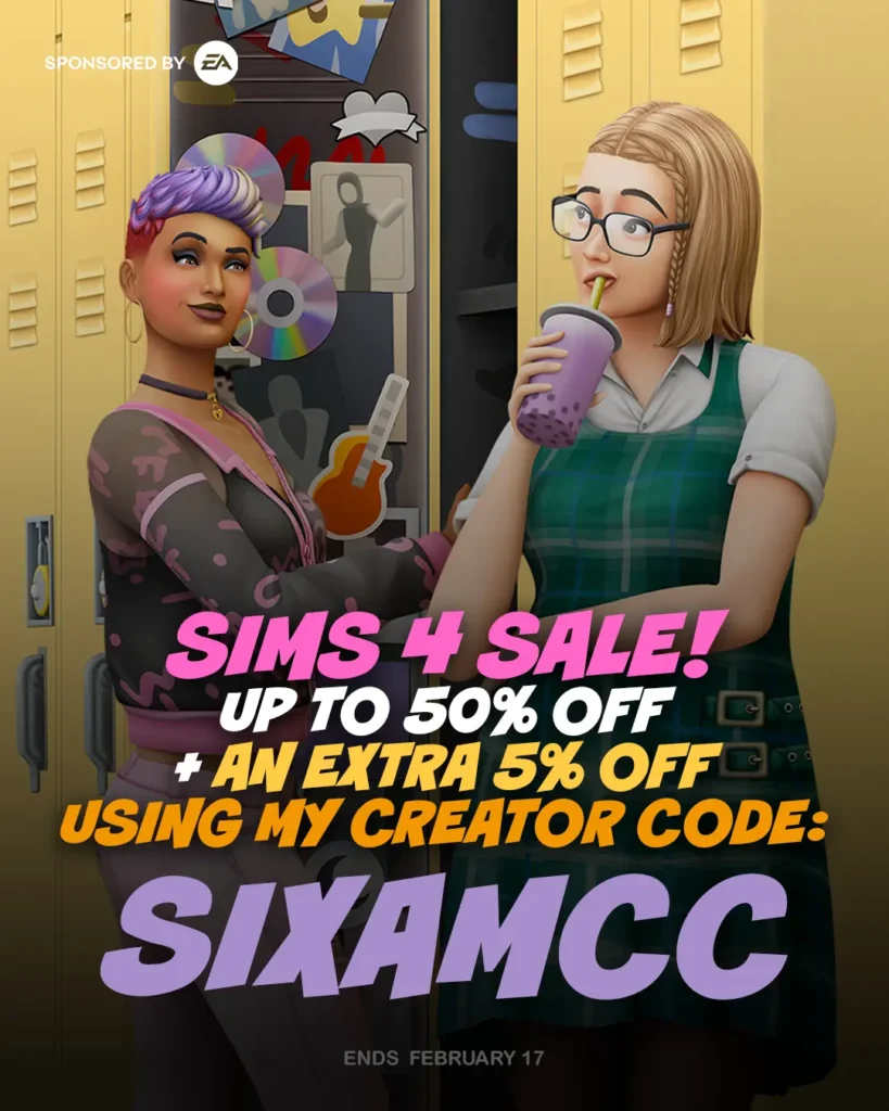 A close-up image of a horse in The Sims 4 with a brown bridle, set against a blurred background. The image features a promotional message for the Lunar Year Sale with up to 50% off, plus an extra 5% off with the creator code "SIXAMCC." The promotion ends February 17 and is sponsored by EA.