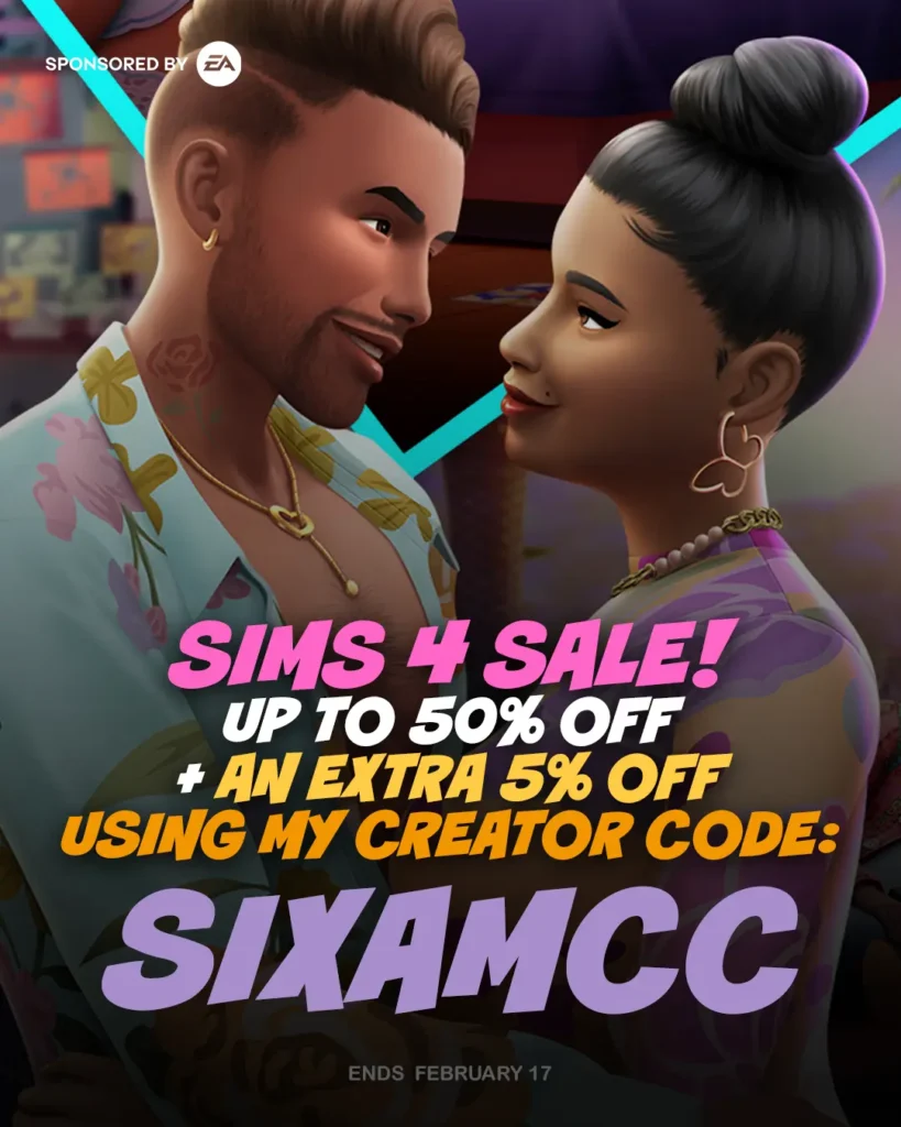 A close-up image of a horse in The Sims 4 with a brown bridle, set against a blurred background. The image features a promotional message for the Lunar Year Sale with up to 50% off, plus an extra 5% off with the creator code "SIXAMCC." The promotion ends February 17 and is sponsored by EA.