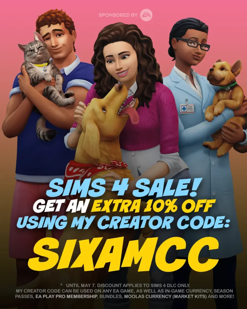 Sims 4 Sale April 2026 packs on sale in the EA store including Cats and Dogs and Businesses and Hobbies expansion packs
