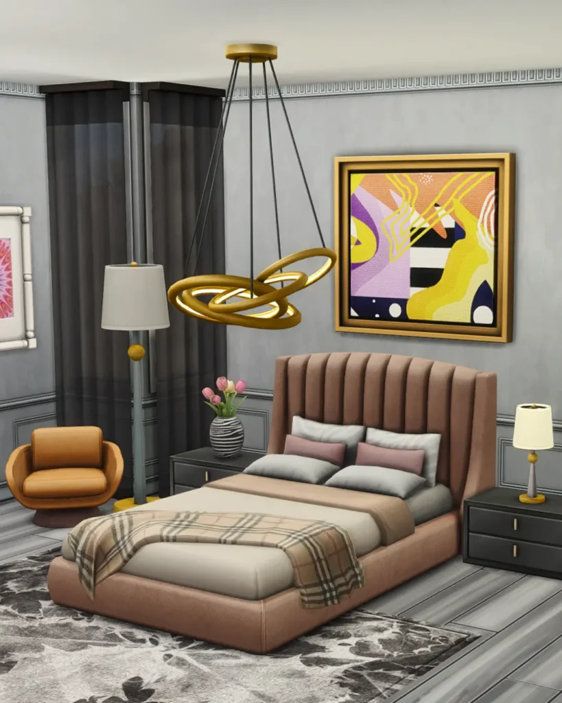 Modern Eclectic Bedroom Sims 4 CC pack overview showing the full 14-item collection by SixamCC