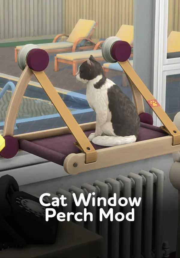 Cat Window Perch Sims 4 mod showing a cat resting on a wooden window perch with blue fabric placed above a radiator. Created by SixamCC.