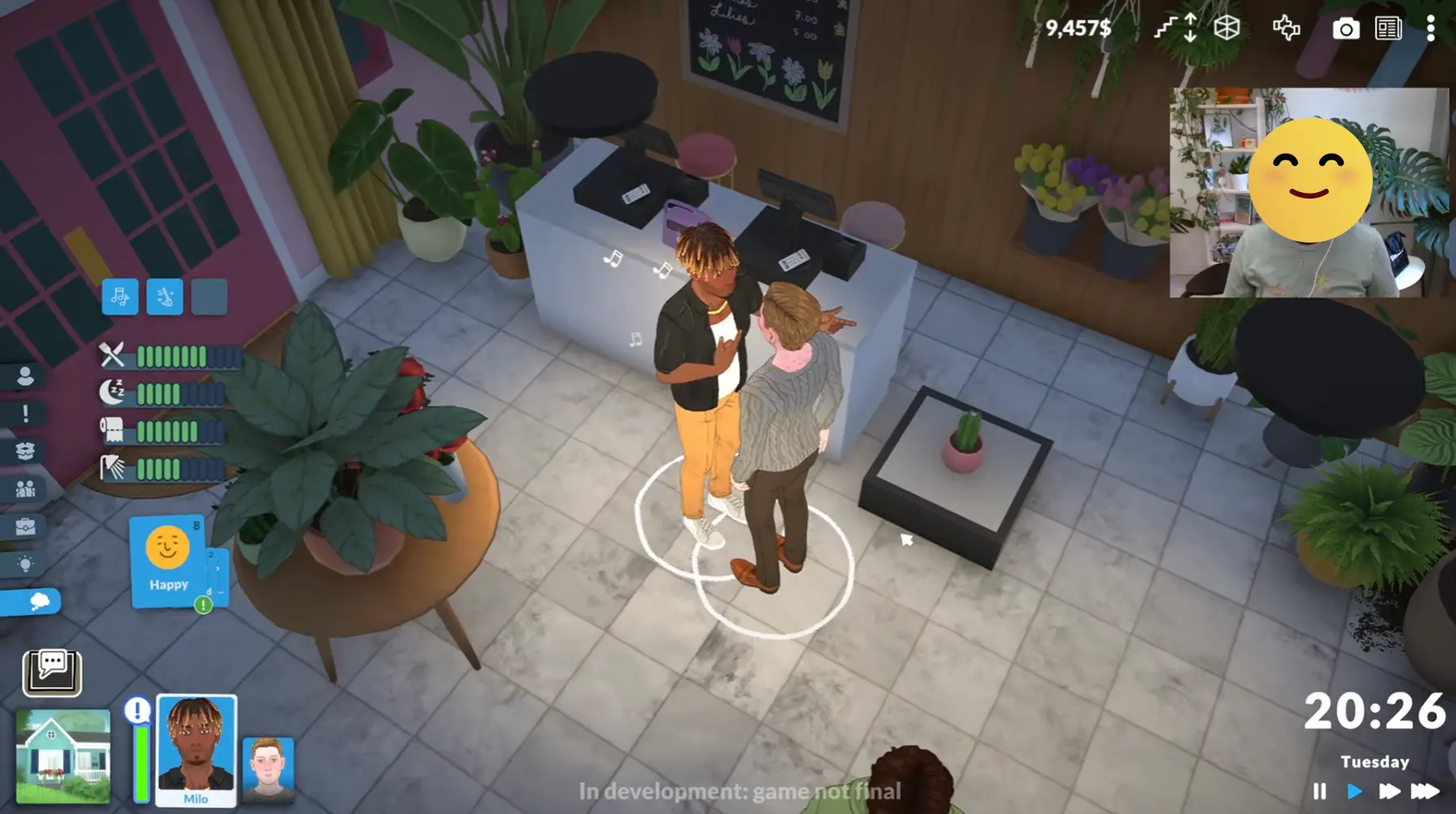 Screenshot showing Paralives gameplay during the livestream, highlighting Milo and the Live Mode interface.