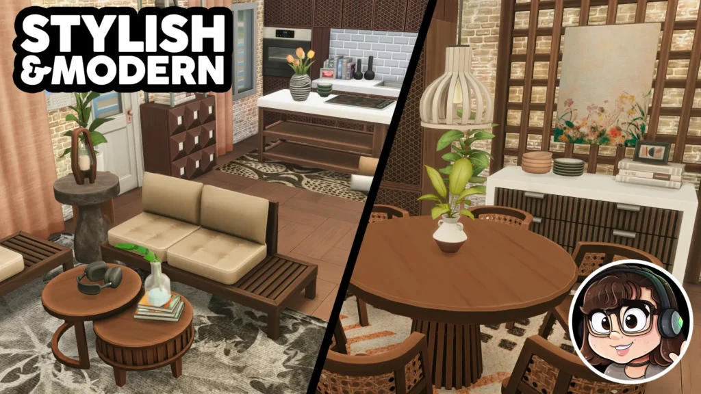 Sims 4 CC modern apartment renovation built by Gryphi using SixamCC items in a warm and stylish setup