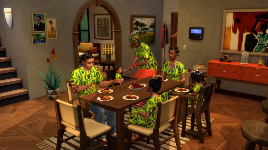 Screenshot of The Sims 4 West African Design update featuring Build/Buy decor inspired by West African craftsmanship.