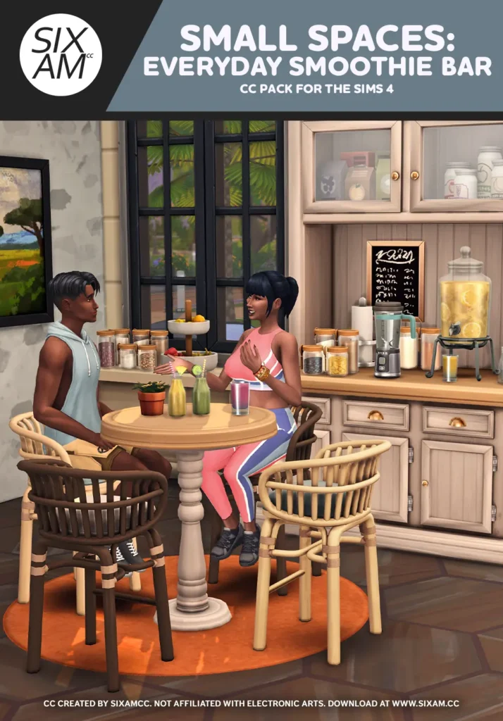 Sims 4 CC cover image of the Sims 4 Smoothie Bar from Small Spaces Sims 4 CC by SixamCC, shown as a compact smoothie corner in-game.