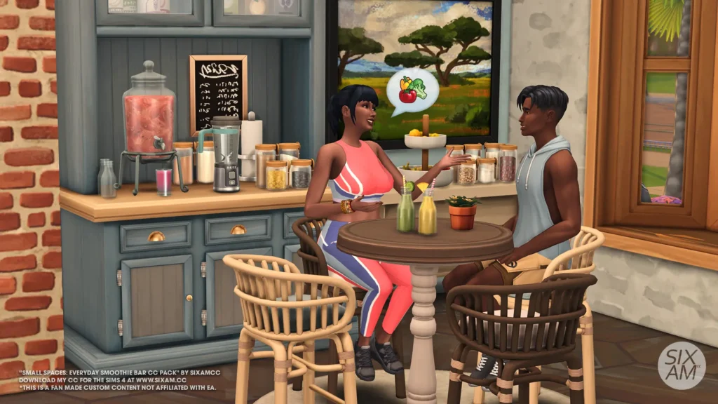 Sims 4 CC Pack cover image of the Sims 4 Smoothie Bar from Small Spaces Sims 4 CC by SixamCC, shown as a compact smoothie corner in-game.