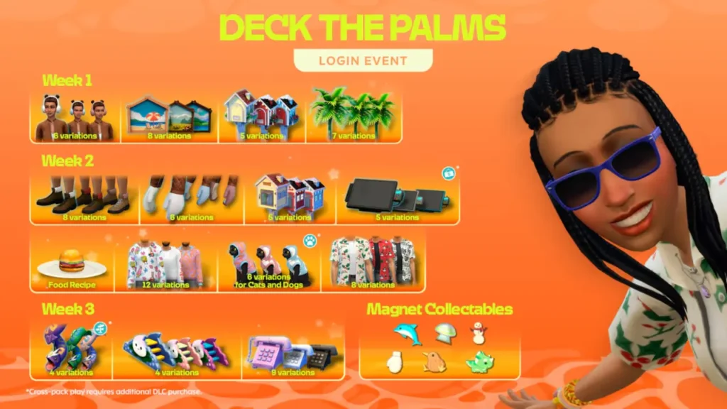 Deck the Palms Login Event holiday rewards preview with festive items. December 2025