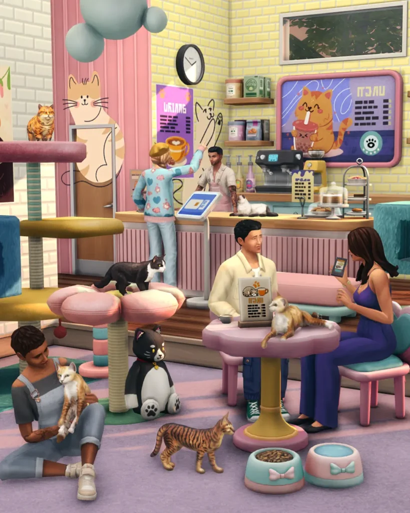Sims 4 CC cat café build by SixamCC with cozy seating, warm lighting, and a café counter designed for cat lovers.