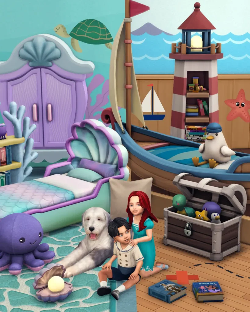 Sims 4 CC toddler room scene by SixamCC inspired by a baby mermaid and sailor boy theme with playful décor and storybook vibes.