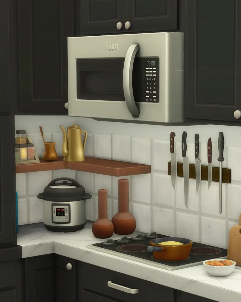 Sims 4 CC modern over-the-range microwave mod by SixamCC installed above a stove in a clean, modern kitchen setup.