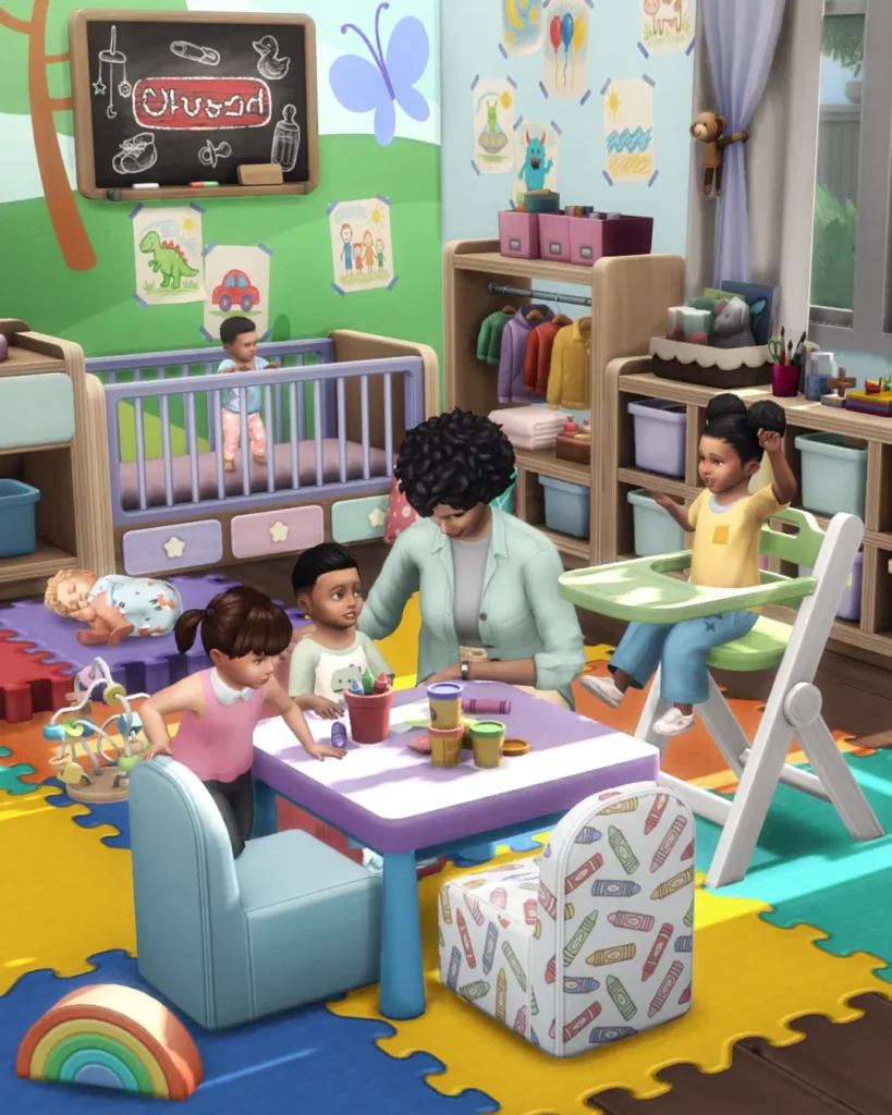 Sims 4 CC daycare room by SixamCC with kid-friendly furniture, activity areas, and colorful details made for toddler gameplay.