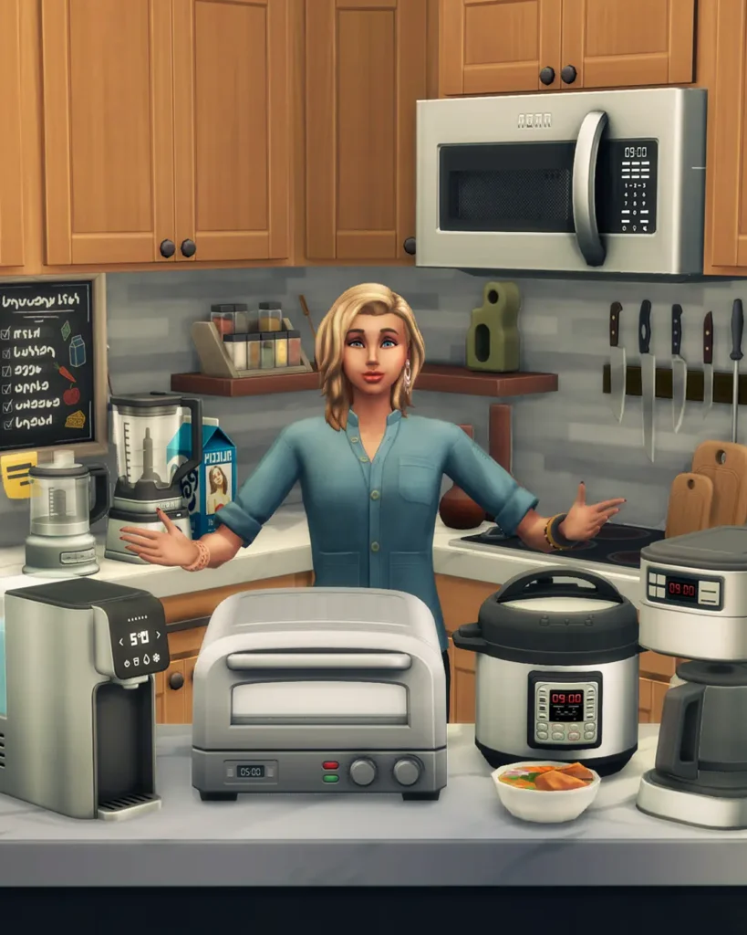 Sims 4 CC stylish modern appliances set by SixamCC displayed in a kitchen build with matching functional appliance pieces.