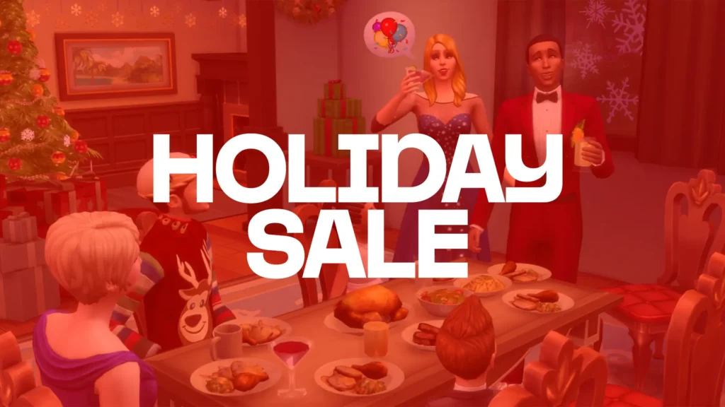 Promo image showing Sims characters during a sale event with text about a Sims 4 discount using creator code SIXAMCC.