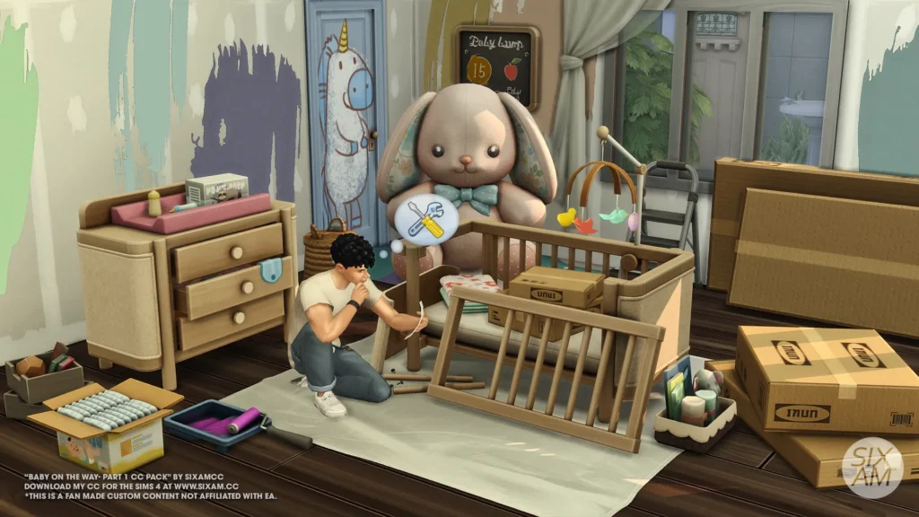 Sims 4 CC Baby on the Way Pack by SixamCC showing the crib partially assembled with nursery decor and baby essentials in a work-in-progress room