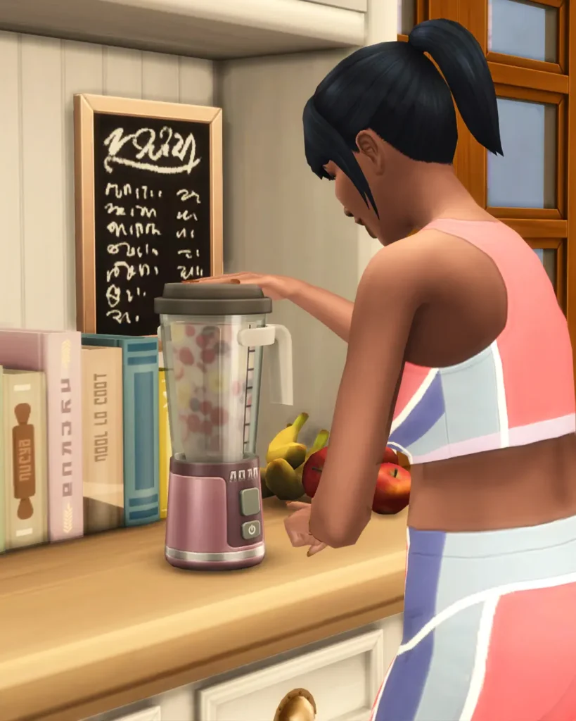Sims 4 CC Slim Blender with classic smoothie design on a kitchen counter from Small Spaces Sims 4 CC by SixamCC. Functional Sims 4 Blender.