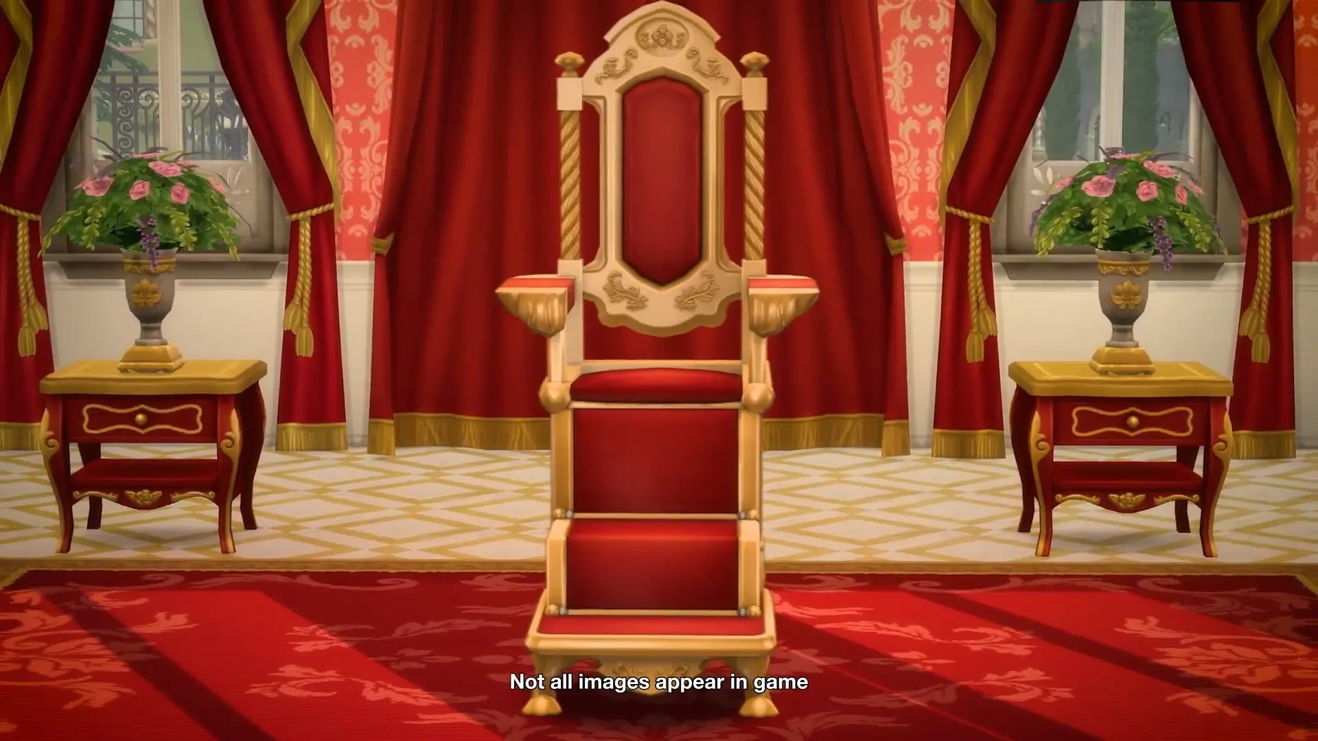 Sims 4 Royalty and Legacy expansion teaser showing a royal throne room and crown