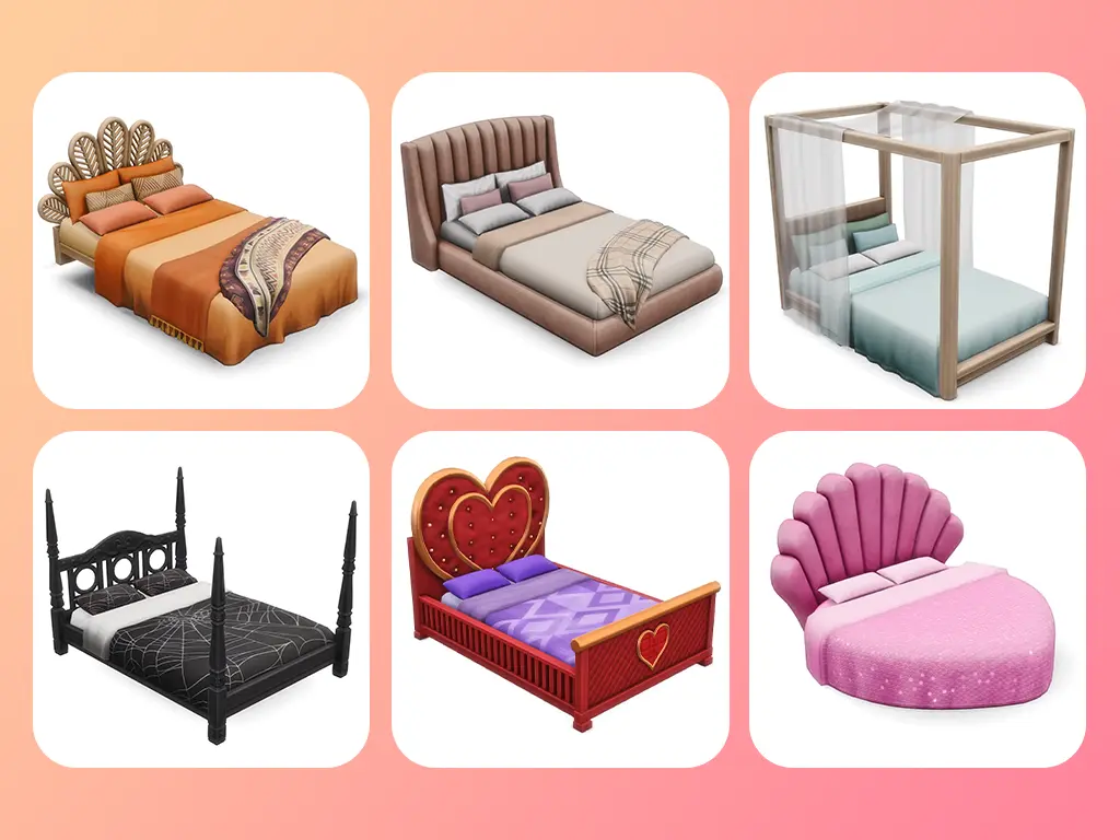 Collection of nine custom bed CC for Sims 4 showing variety of styles including boho rattan, gothic ironwork, modern hotel platform, romantic heart-shaped, pink shell Barbie, and traditional carved wood beds on white background