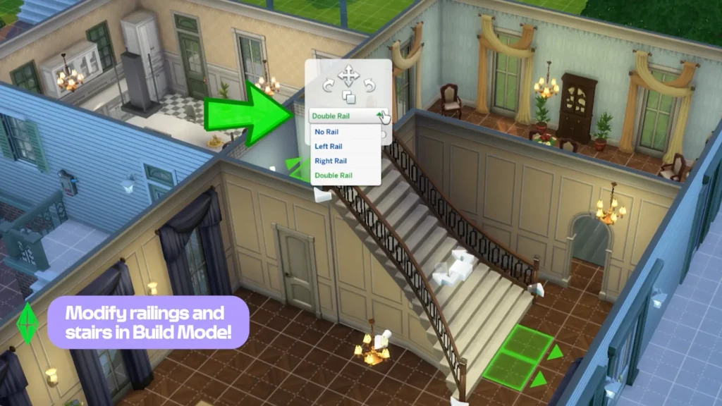 The Sims 4 Build Mode showing new stair railing options with editable railingsImage 4