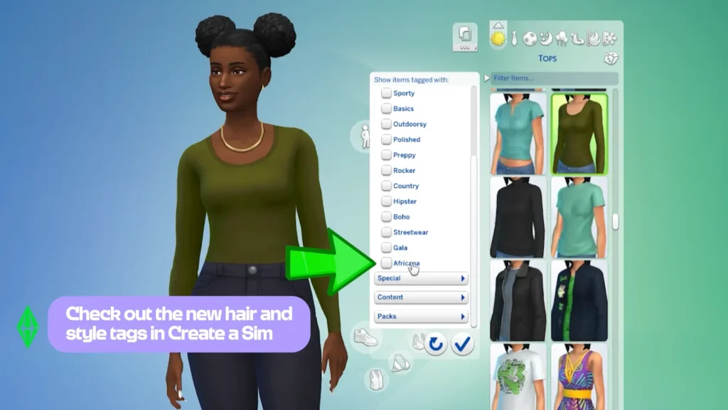 The Sims 4 Create a Sim showing new clothing style tags and filters
