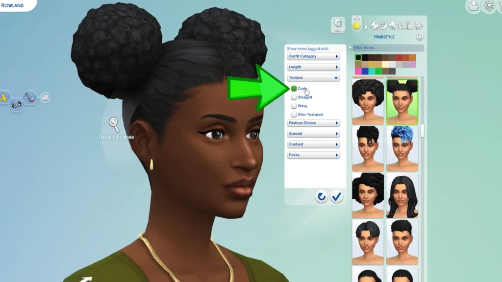 The Sims 4 Create a Sim showing new hair style tags and filtering options