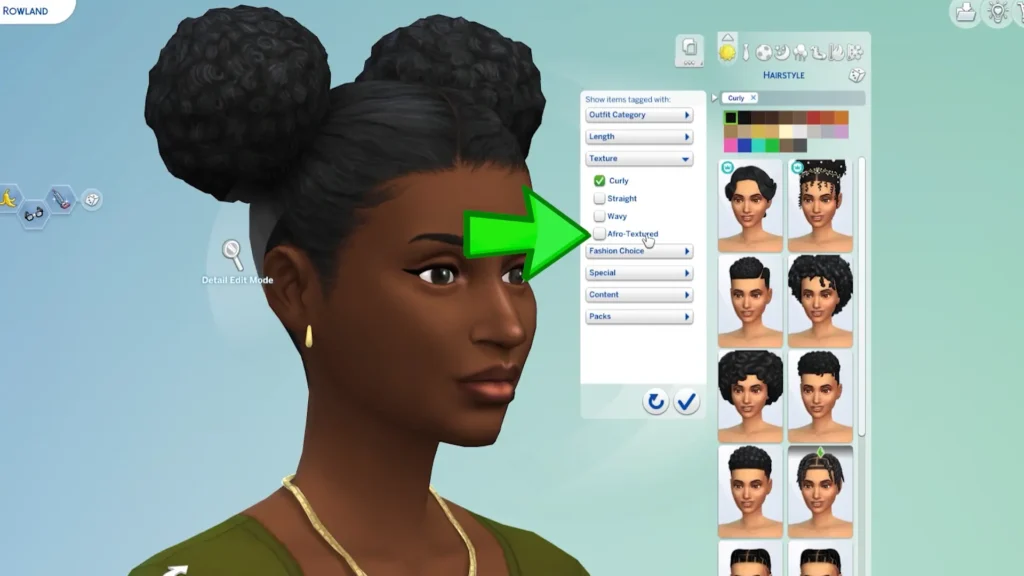 The Sims 4 Create a Sim showing additional hairstyle category filters