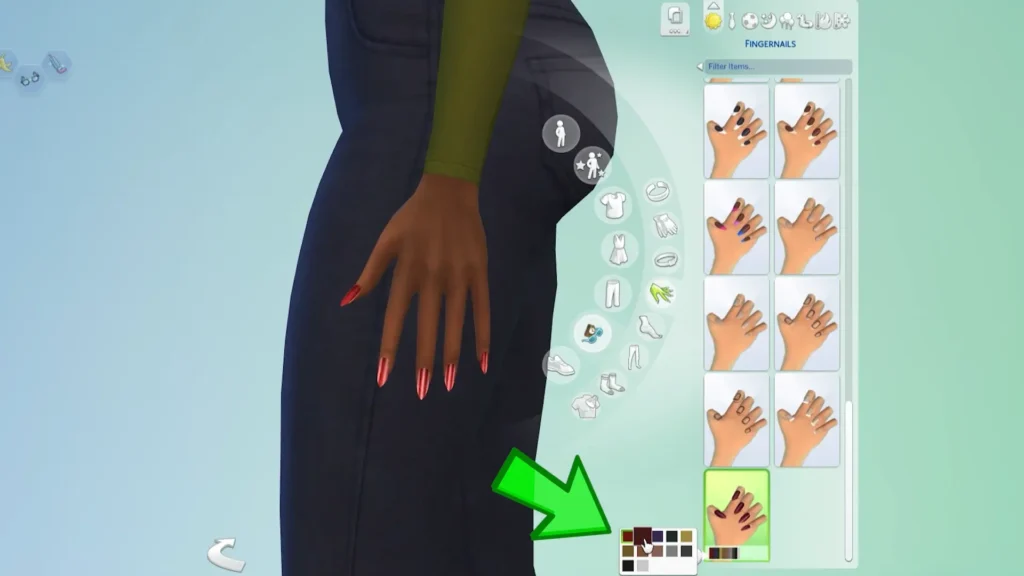 The Sims 4 Create a Sim showing new fingernails design with multiple color swatches
