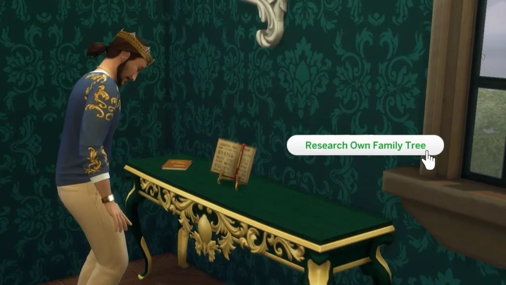 The Sims 4 Royalty and Legacy expansion showing research family tree interaction