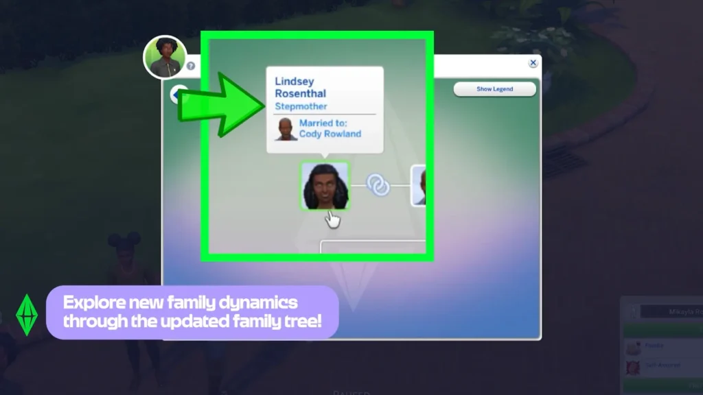 The Sims 4 updated family tree showing stepmother relationship in Live Mode