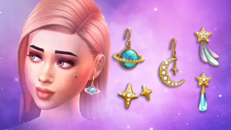 Sims 4 Marketplace Sim wearing the Saturn Drop earring from the SixamCC Cosmic Stardust Earrings Marketplace collection