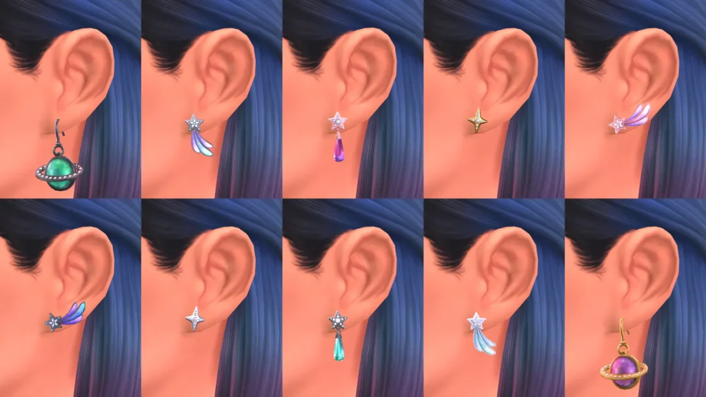 The Sims 4 Marketplace: All five Cosmic Stardust Earring designs with swatches showing gold silver rose gold and gunmetal finishes by SixamCC