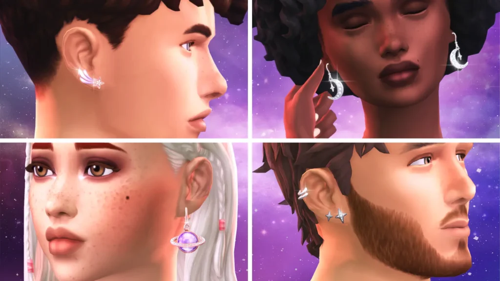 The Sims 4 Marketplace: Four Sims wearing Cosmic Stardust Earrings in rose gold and silver finishes from SixamCC