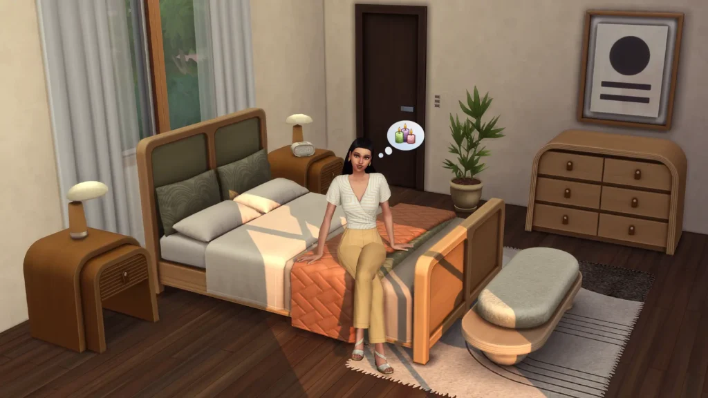 The Sims 4 Marketplace bedroom decorated with the SixamCC Japandi Home collection in warm wood tones, with a female Sim sitting on the bed surrounded by matching furniture