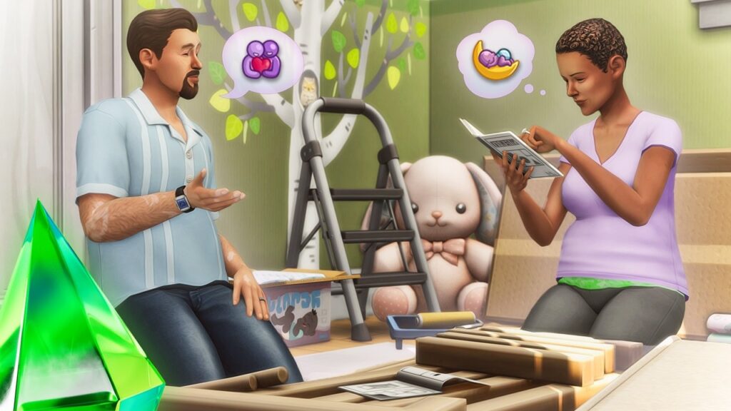 OshinSims Build the Crib mod review showing sonogram frame and blankets on dresser in Sims 4 nursery. Sims 4 CC Pack by SixamCC.