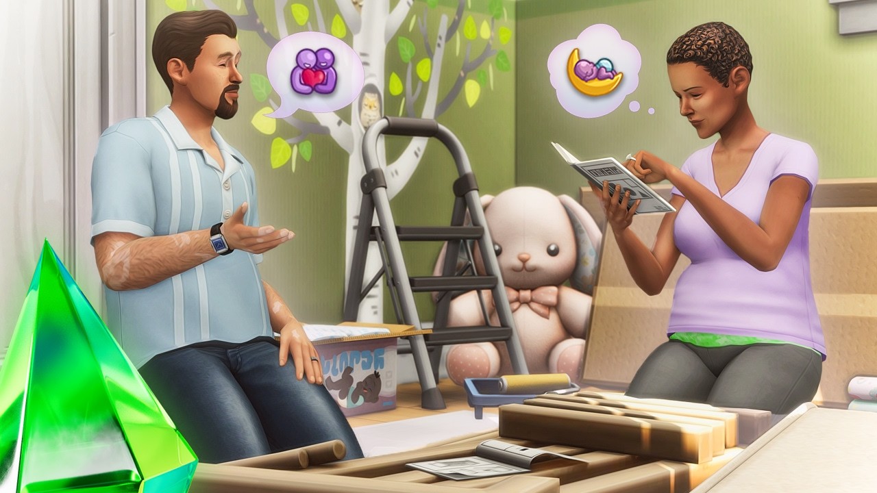 OshinSims Build the Crib mod review showing sonogram frame and blankets on dresser in Sims 4 nursery. Sims 4 CC Pack by SixamCC.