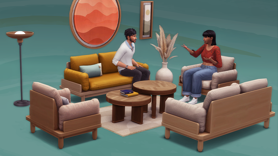 Sims 4 Marketplace Japandi Home Living Room collection by SixamCC showing sofas armchairs coffee table and floor lamp